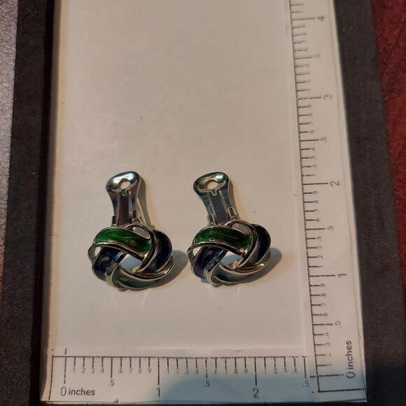 Made in USA Silver Tone with Green and Blue Clip On Earrings - Picture 1 of 3